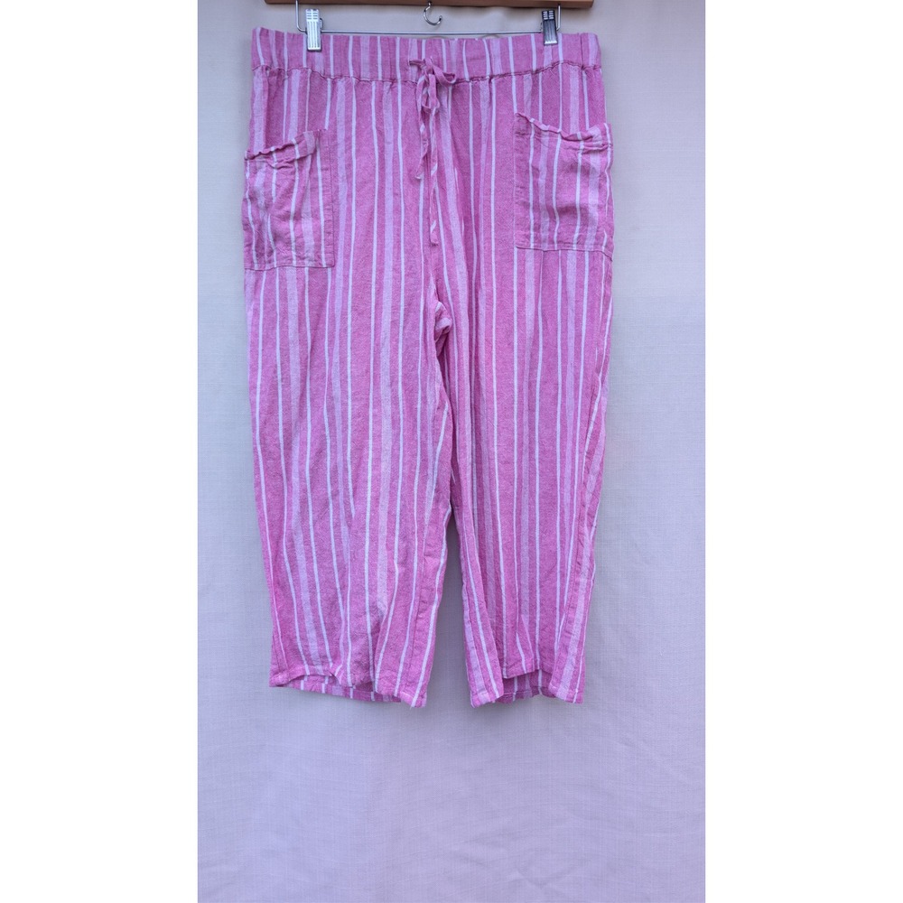 Coastal Comfort Summer Crop Pants Womens XXL Pink Cabana Stripe Linen Lagenlook